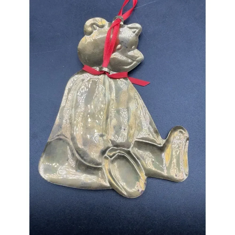 Vintage Dept 56 Brass Teddy Bear Christmas Ornaments Set of 3 Red Ribbon 4.5”